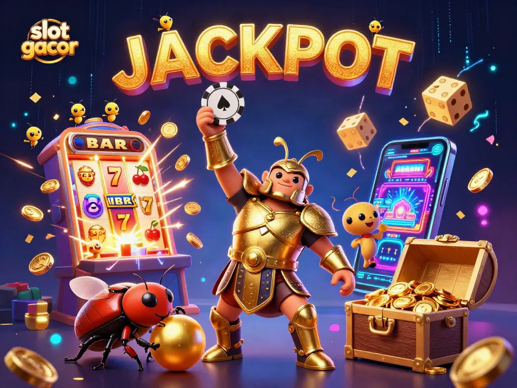 Engage with slot gacor excitement featuring a beetle hero lifting a poker chip with jackpot visuals.