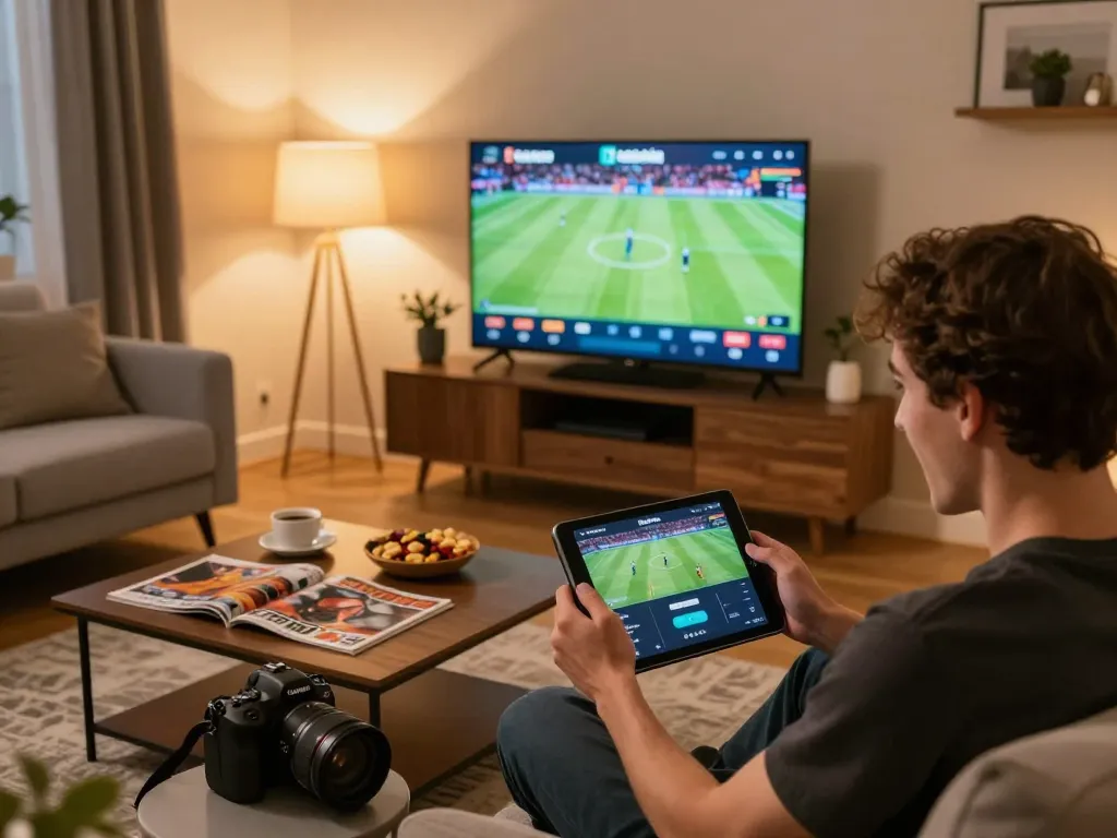 Cakhia TV viewer engrossed in live sports betting on a tablet in a cozy home setting