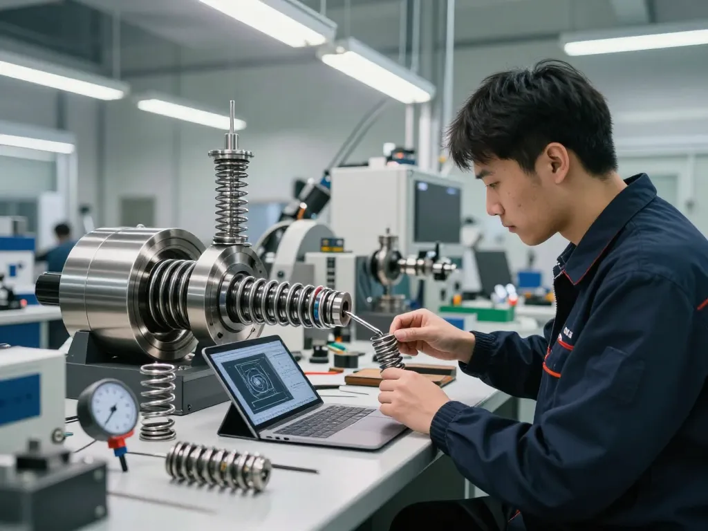 Tehnician inspectând arcuri torsiune într-un atelier high-tech cu unelte și modele CAD.
