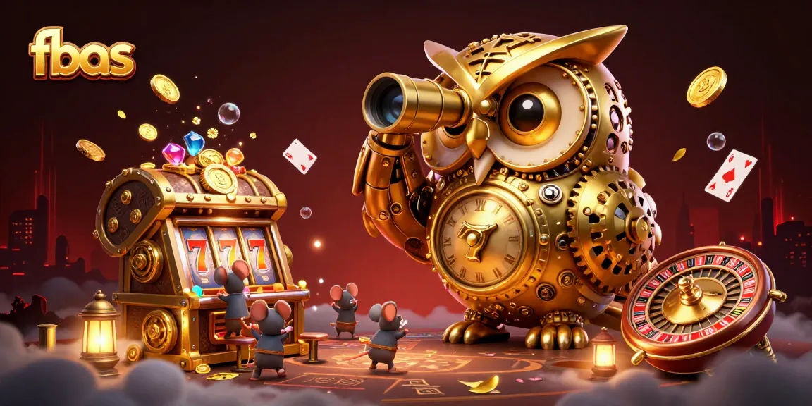 fbas highlights engaging gameplay at a vibrant casino with an animated owl and patrons, featuring slot machines and a roulette wheel.