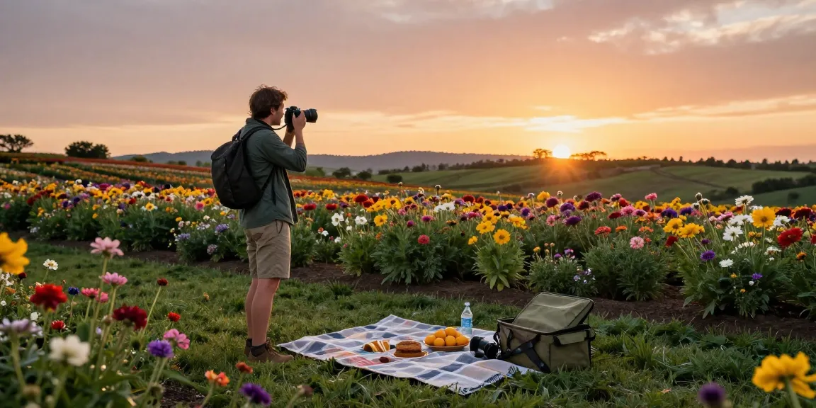 Traveler capturing the stunning flower fields at https://www.thecapayvalleygardentour.com during golden hour sunset.