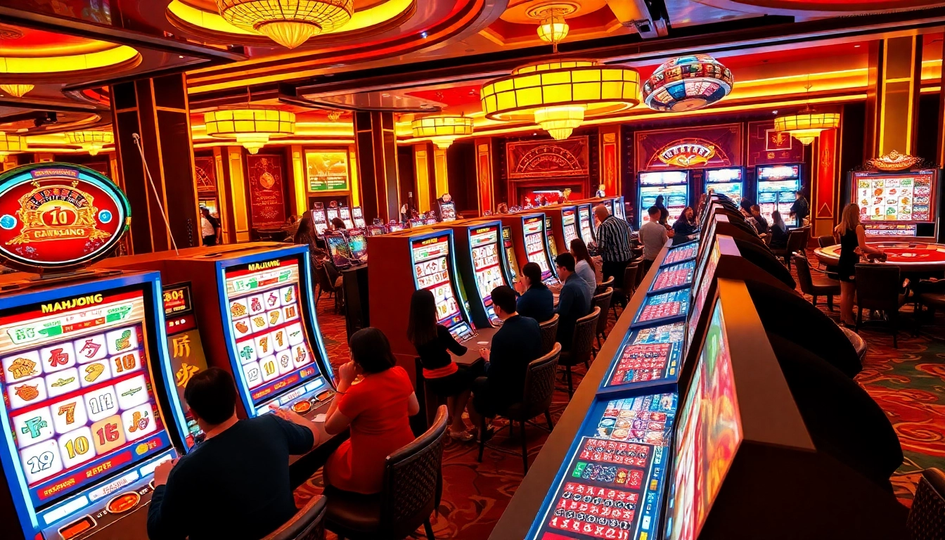 Experience the excitement of a slot demo mahjong game with players celebrating their wins at the vibrant gaming tables.