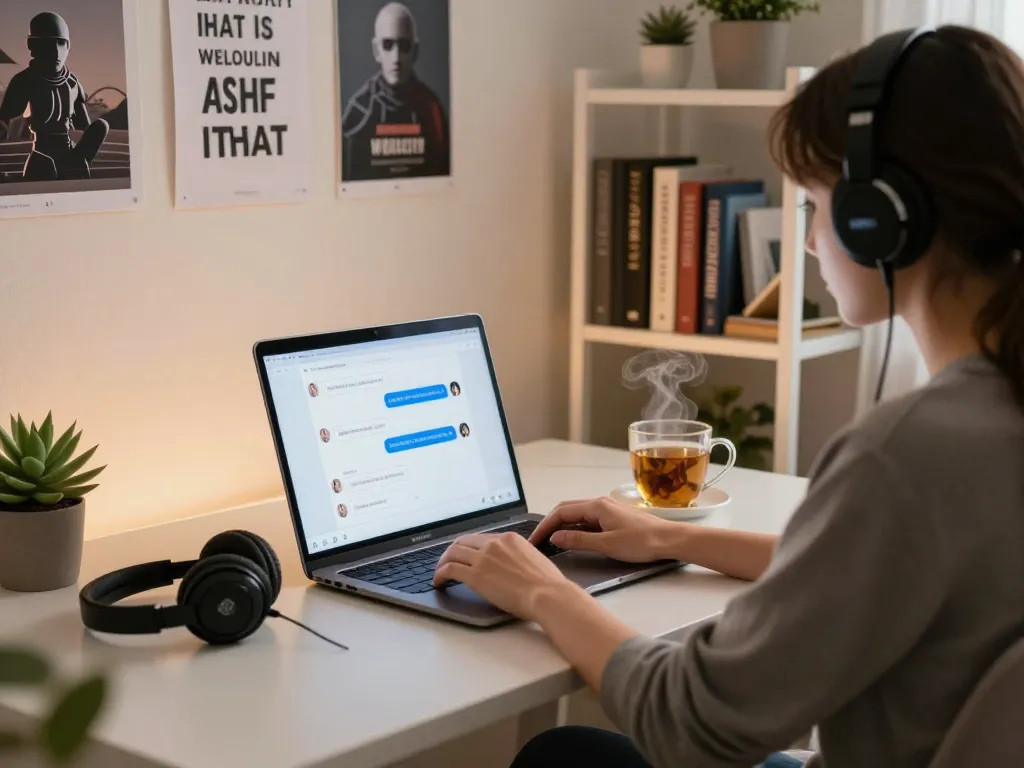 Engaging in an NSFW AI chat while seated in a cozy home office, showcasing modern tech elements.
