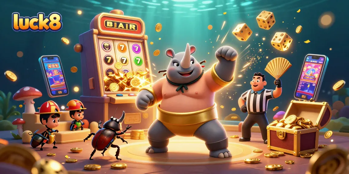 Witness luck8's thrilling jackpot scene with a sumo beetle champion and vibrant casino elements.