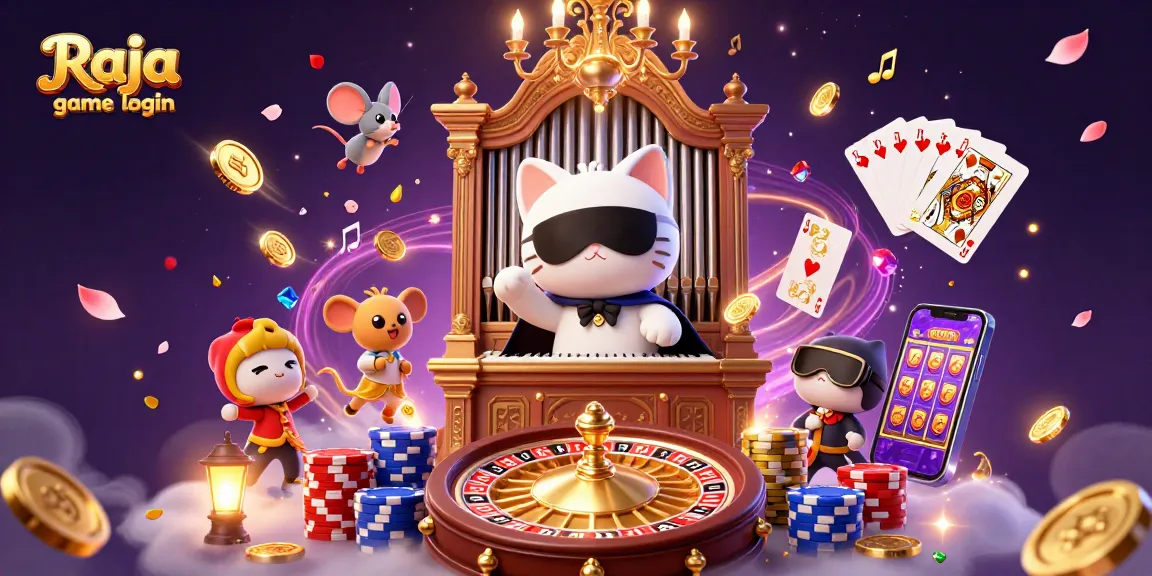 Engage with Raja game login on an illustrated casino journey featuring classic games and thrilling rewards.