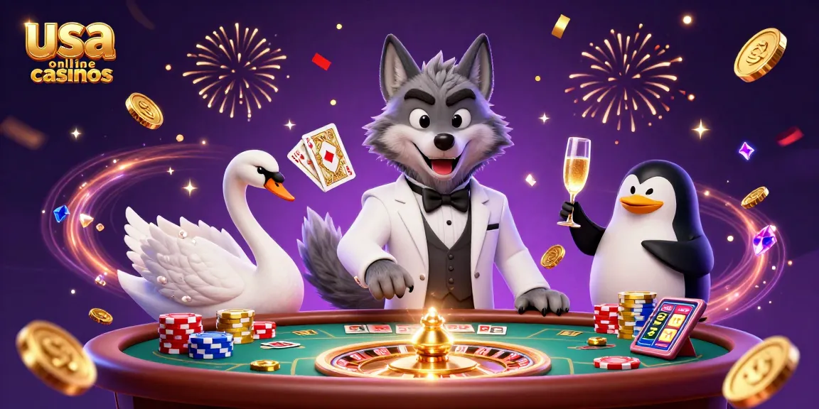 Win big at usa online casinos with a sophisticated baccarat scene featuring a debonair wolf and friends.