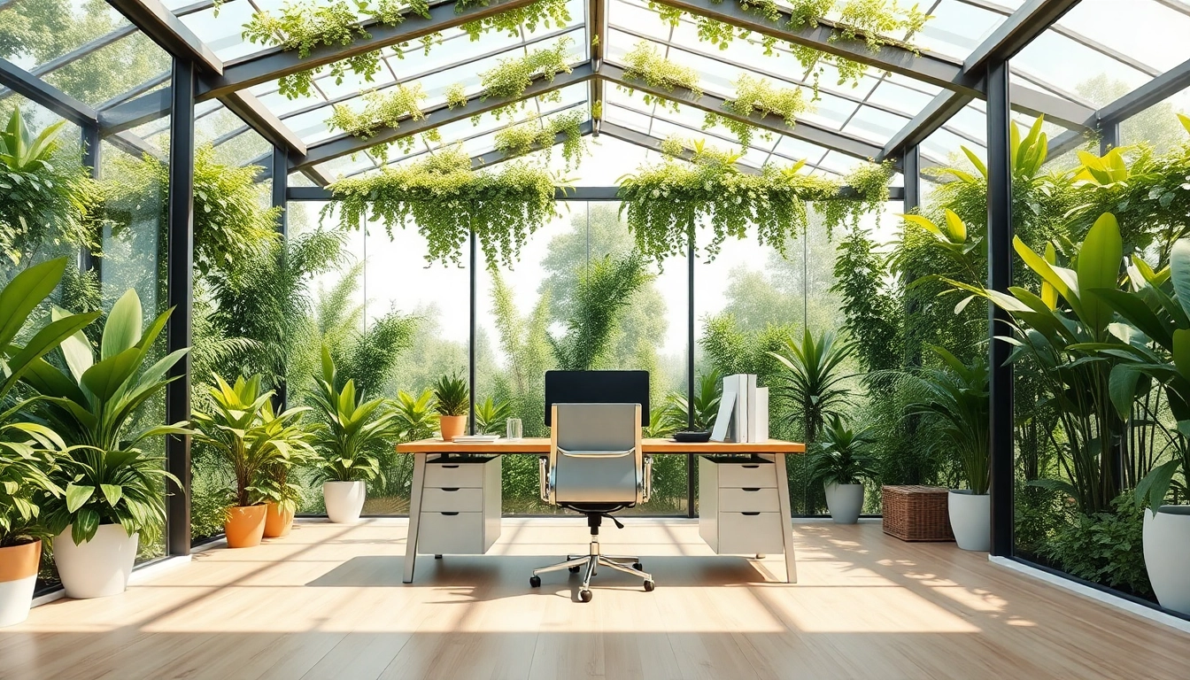 Arbeite produktiv im Wintergarten als Buero mit modernem Design und natuerlicher Beleuchtung.