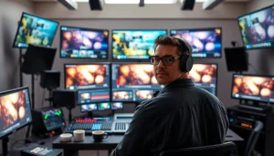 Engaging video editor performing post-production & editing in a vibrant studio.