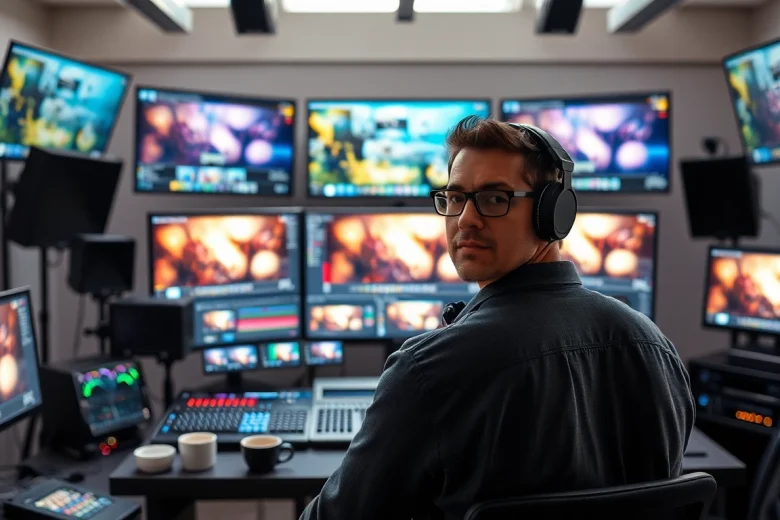 Engaging video editor performing post-production & editing in a vibrant studio.