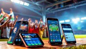 Showcases sports betting apps India on smartphones amid a lively sports atmosphere.