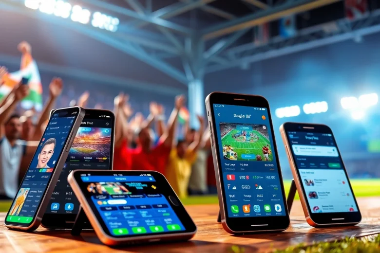 Showcases sports betting apps India on smartphones amid a lively sports atmosphere.