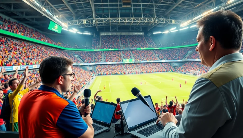 축구중계에서 생중계를 진행하는 모습, 열정적인 팬들로 가득 찬 경기장.