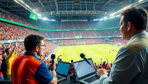 축구중계에서 생중계를 진행하는 모습, 열정적인 팬들로 가득 찬 경기장.