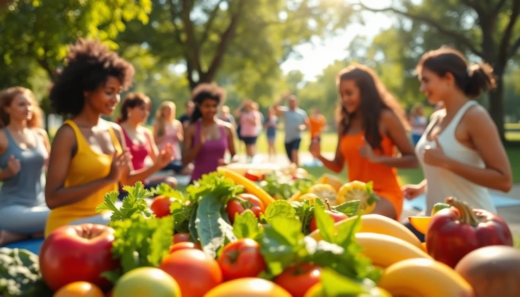 Promote Health through a vibrant community engaged in wellness activities in a sunny park.