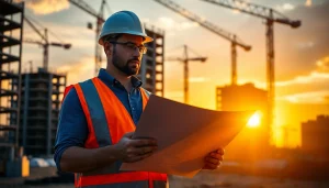 New Jersey Construction Manager analyzing blueprints on-site with construction cranes in background.