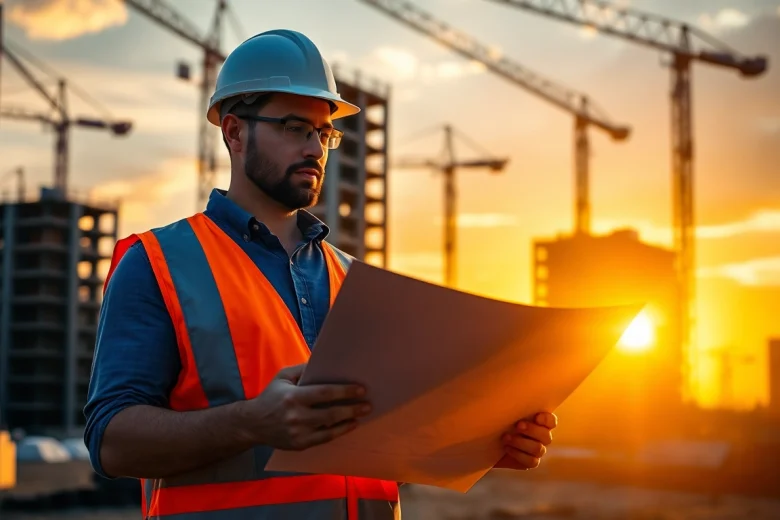 New Jersey Construction Manager analyzing blueprints on-site with construction cranes in background.