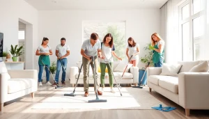 Cleaning Service professionals thoroughly cleaning a modern living room with natural light.