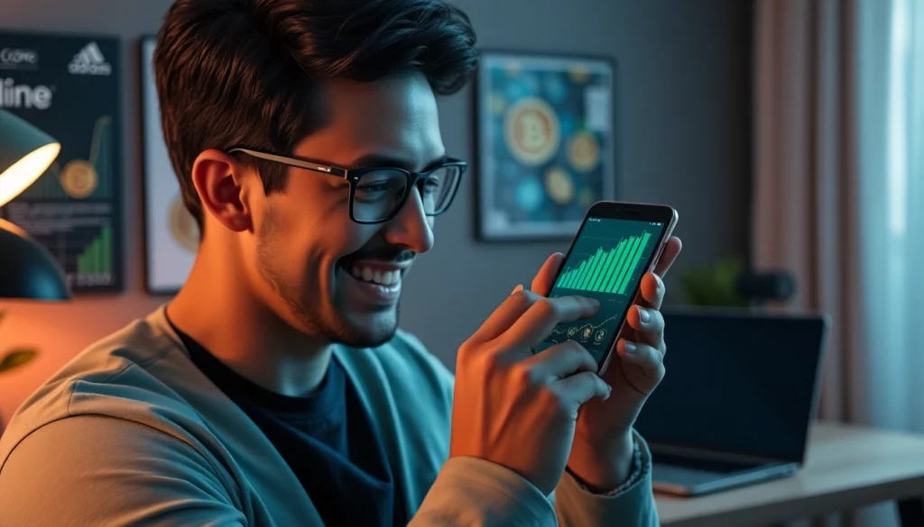Engaging with a crypto mining app on a smartphone in a modern workspace.