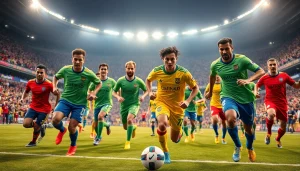 Soccer players showcase their team kit in vibrant colors during a match.