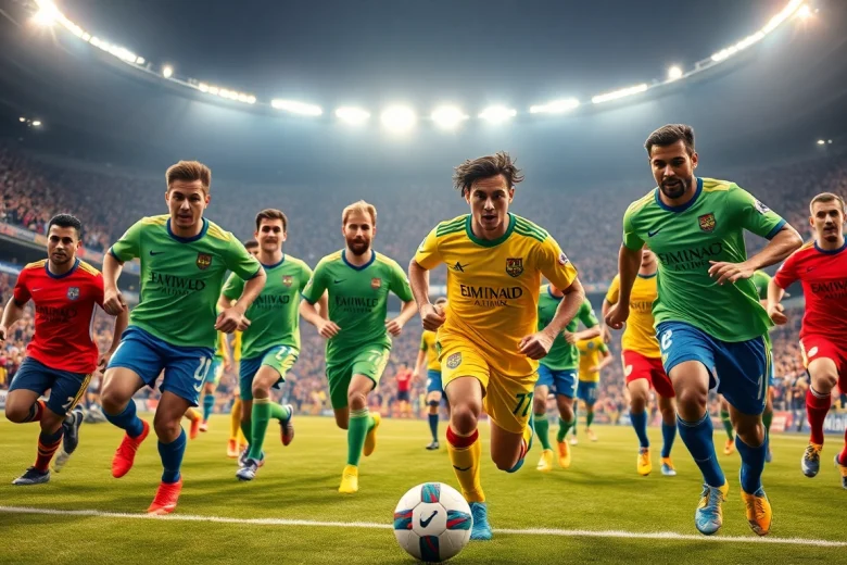 Soccer players showcase their team kit in vibrant colors during a match.