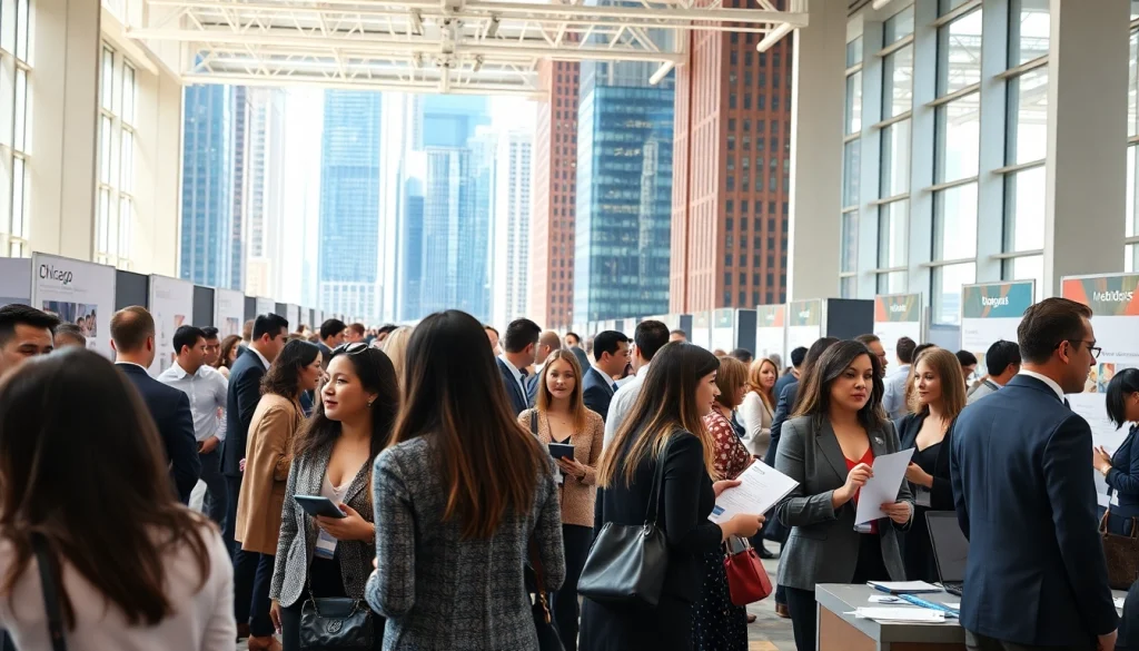Showcase of free job post chicago at a dynamic job fair in Chicago with diverse attendees networking.