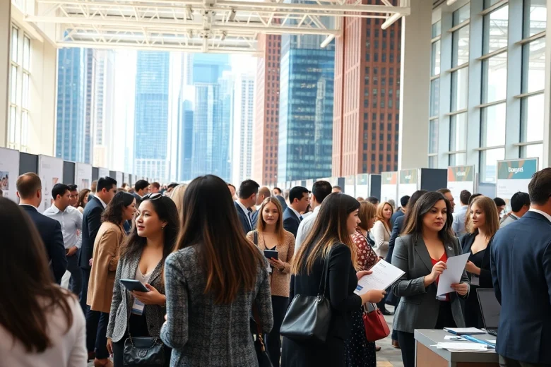Showcase of free job post chicago at a dynamic job fair in Chicago with diverse attendees networking.
