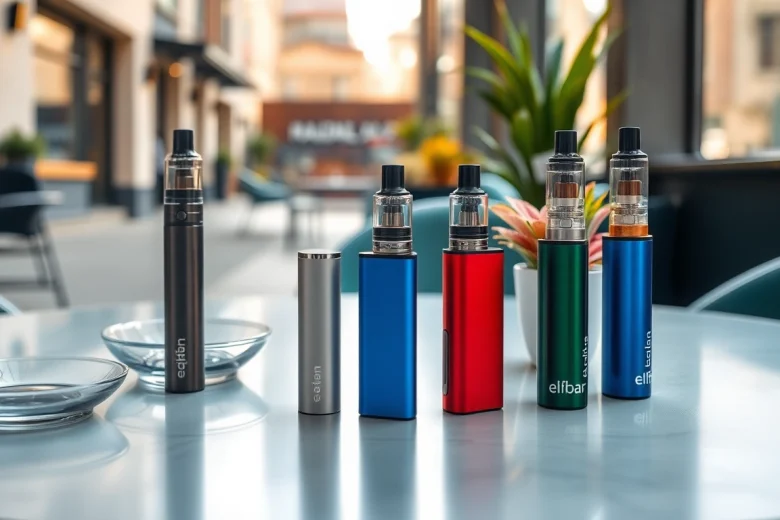 Elfbar Vape-Modelle schön angeordnet auf einem modernen Tisch in urbanem Ambiente.
