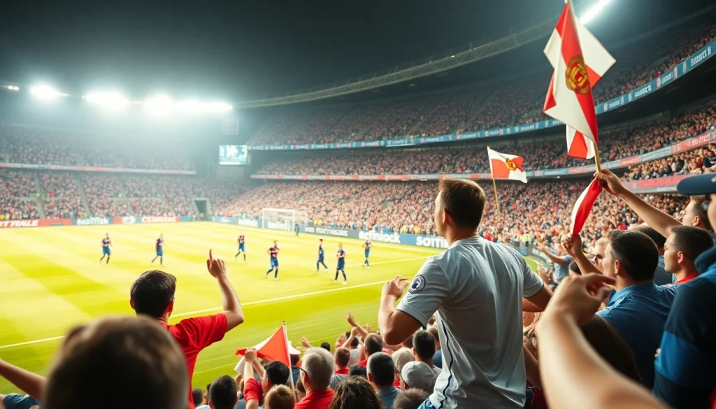 축구중계와 함께 열정적인 팬들이 응원하는 경기 장면