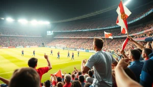 축구중계와 함께 열정적인 팬들이 응원하는 경기 장면