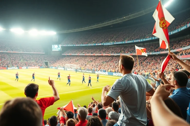 축구중계와 함께 열정적인 팬들이 응원하는 경기 장면