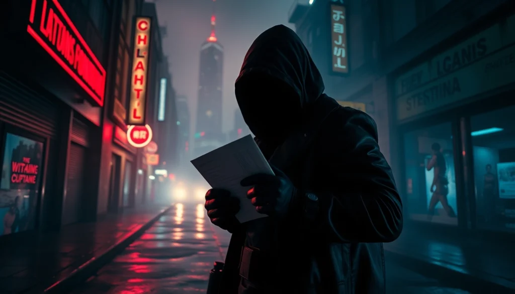 Assassin holding a contract and firearm in a dramatic urban setting, representing Contracts and Bullets.