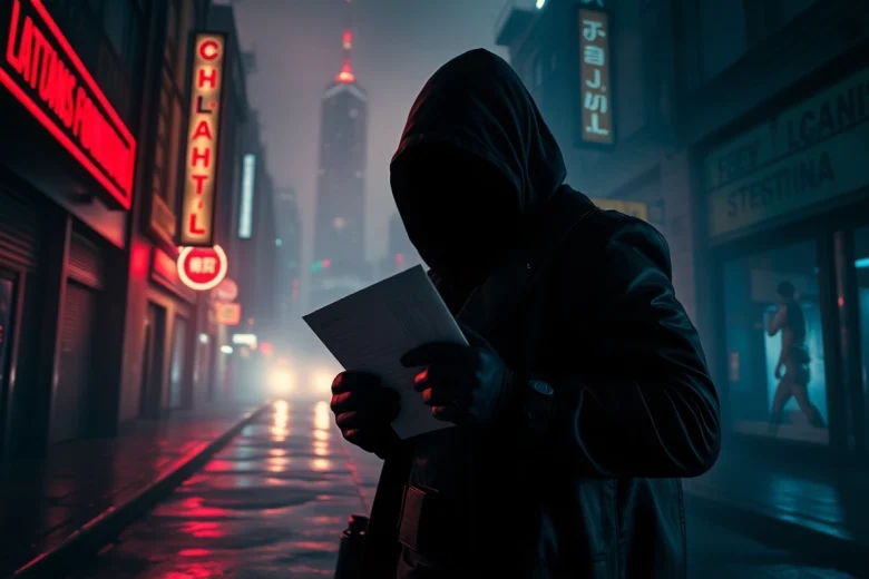 Assassin holding a contract and firearm in a dramatic urban setting, representing Contracts and Bullets.