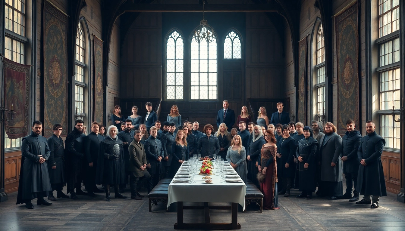 Capture the Game of Thrones cast showcasing their iconic characters in a regal medieval setting.