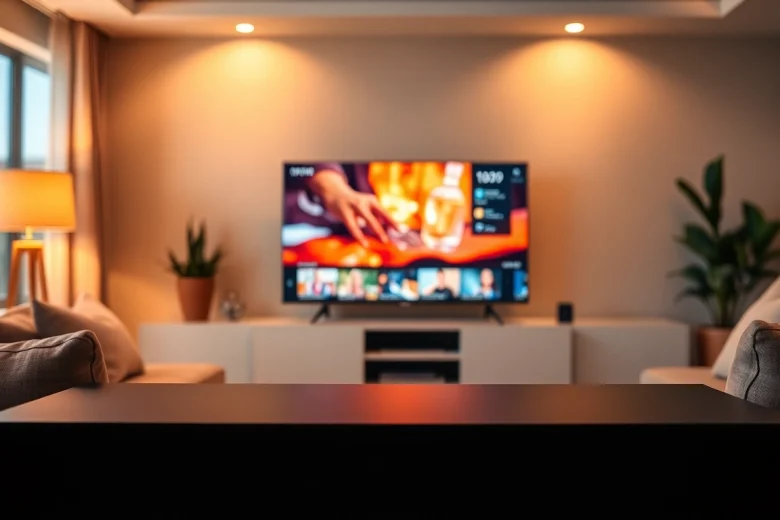 Streaming vibrant content with iron IPTV in a cozy, modern living room setup.