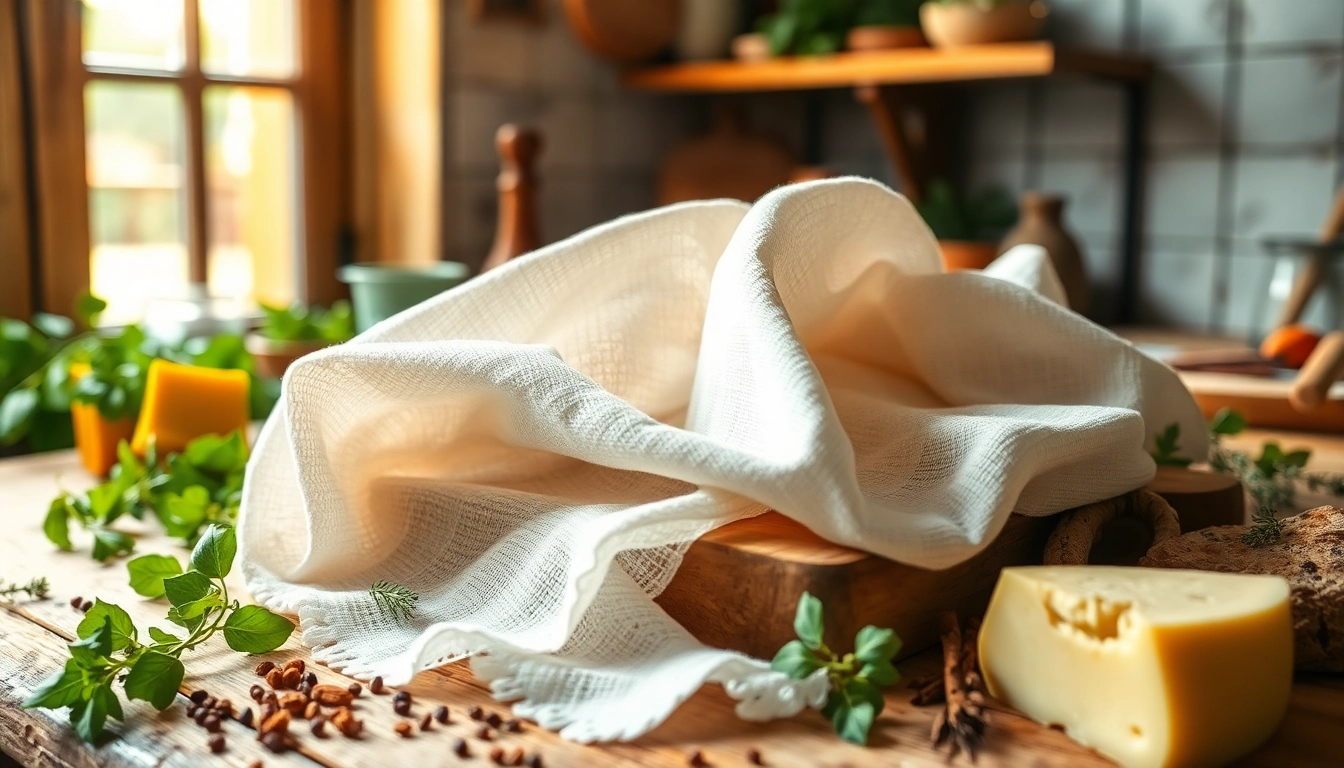 Maak kaasdoek schoon in de keuken met verse ingrediënten en kruiden.