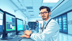 IT Services for Healthcare Tampa showcased in a modern medical facility with IT professional and advanced technology.