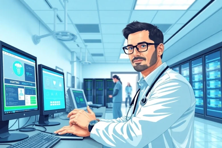 IT Services for Healthcare Tampa showcased in a modern medical facility with IT professional and advanced technology.