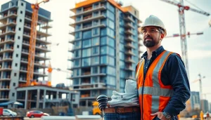 Manhattan General Contractor supervising a modern construction site with vibrant energy.