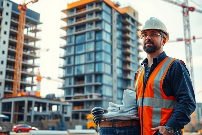 Manhattan General Contractor supervising a modern construction site with vibrant energy.