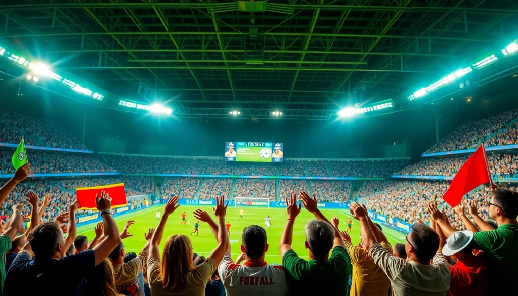 해외축구중계 중계 중인 열정적인 팬들이 경기응원을 하는 장면