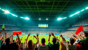 해외축구중계 중계 중인 열정적인 팬들이 경기응원을 하는 장면