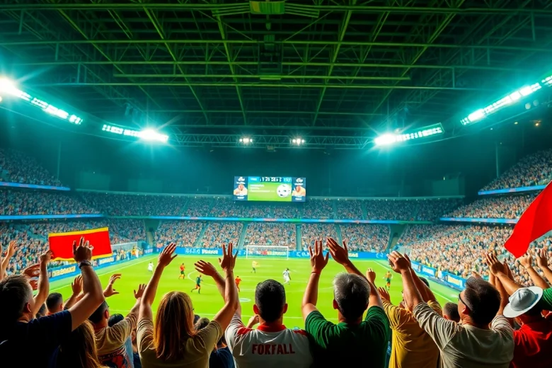 해외축구중계 중계 중인 열정적인 팬들이 경기응원을 하는 장면