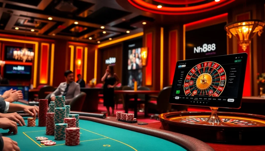 nh88 players enjoying a vibrant casino game with colorful chips and spinning roulette wheel