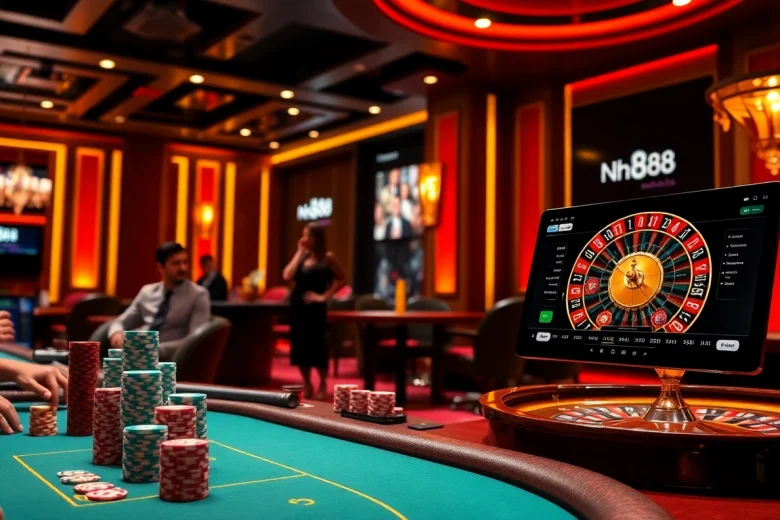 nh88 players enjoying a vibrant casino game with colorful chips and spinning roulette wheel