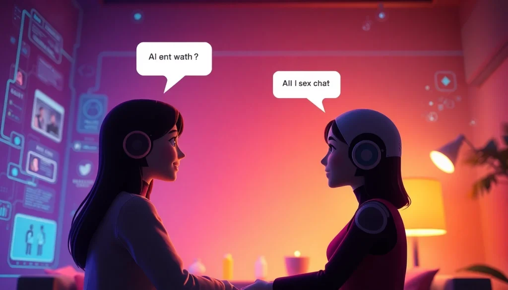 Engaging ai sex chat scene with intimate AI avatars in a cozy chat room.