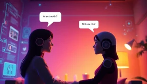 Engaging ai sex chat scene with intimate AI avatars in a cozy chat room.