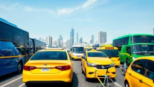 Transportation vehicles including buses and taxis in a bustling urban landscape showcasing city life.