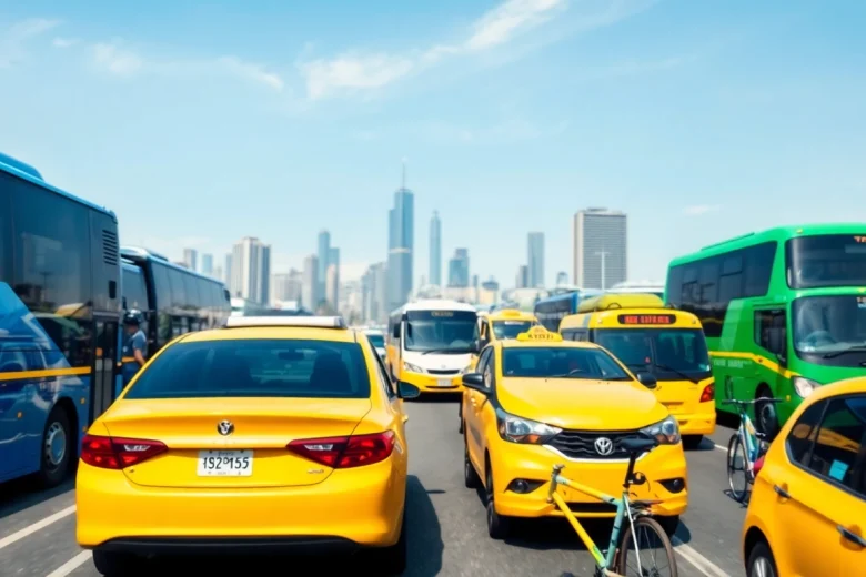 Transportation vehicles including buses and taxis in a bustling urban landscape showcasing city life.