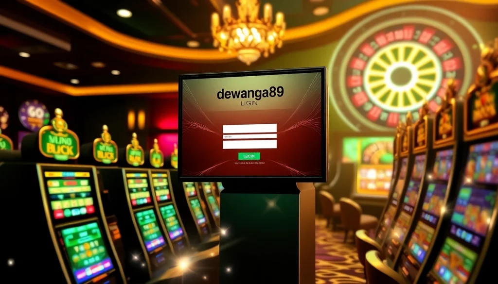 Antarmuka login Dewanaga89 yang ditampilkan dalam suasana kasino yang hidup dengan mesin slot dan chip.