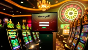 Antarmuka login Dewanaga89 yang ditampilkan dalam suasana kasino yang hidup dengan mesin slot dan chip.